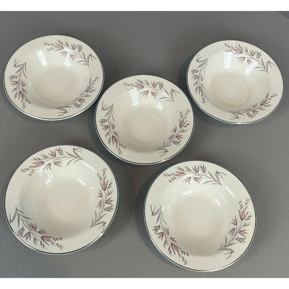Edwin Knowles Park Lane 5 Rim Bowls Pink Flowers 6 3/8" Cereal Vtg Mid Century